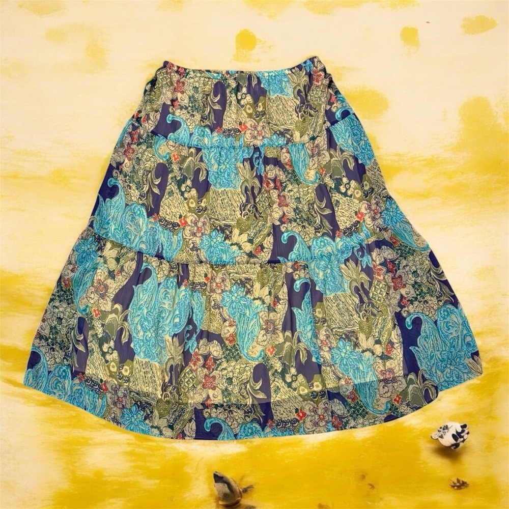 Coldwater Creek Blue, Green, and Teal Bohemian Print Tiered Maxi Skirt Sz Large - Picture 2 of 8
